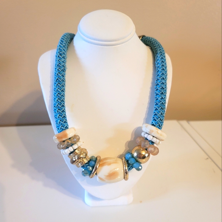 Vintage Statement Necklace Chunky Runway Signed Js Rope Charm Necklace Choker.